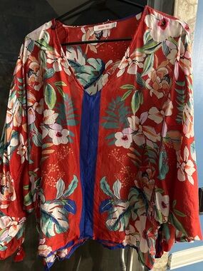 Johnny Was Red Floral V-Neck Tunic with Blue Trim